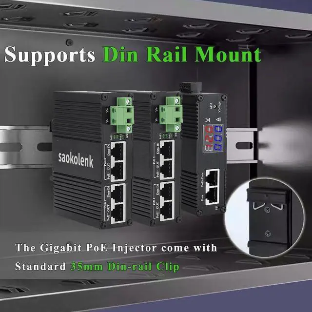 Alt view image 3 of 7 - Industrial 95W PoE Injector - 2-Port Gigabit Ethernet Adapter, DIN Rail Mount Power Over Ethernet Injector IEEE 802.3af/at/bt 10-56V DC (95W PoE)