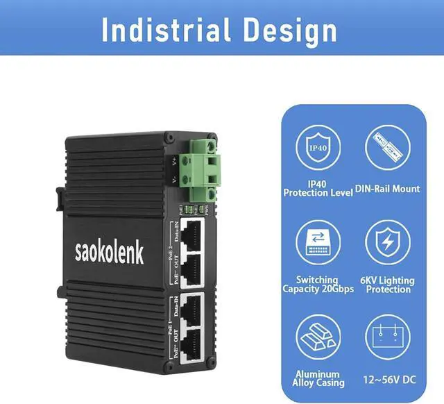 Alt view image 6 of 7 - Industrial 95W PoE Injector - 2-Port Gigabit Ethernet Adapter, DIN Rail Mount Power Over Ethernet Injector IEEE 802.3af/at/bt 10-56V DC (95W PoE)
