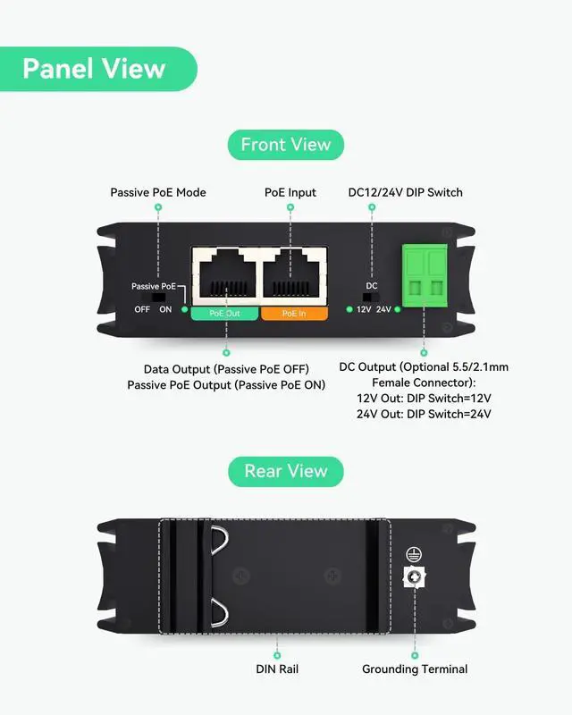 Alt view image 2 of 7 - LINOVISION 2026 Upgraded Industrial Gigabit 30W PoE Splitter, Switchable 12V/24V DC and Passive PoE Outputs, Compatible with UB Loco5AC Wireless Bridge, for IP Cameras and IoT Devices