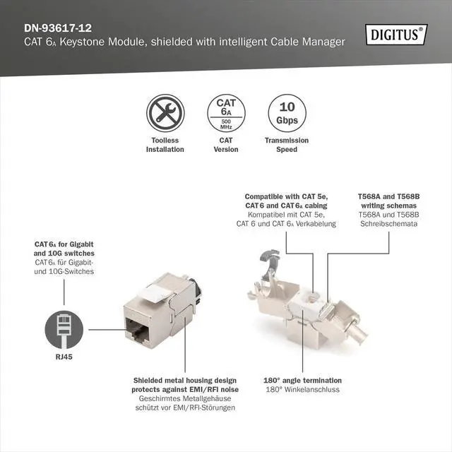 Alt view image 3 of 7 - Digitus Keystone Module cat. 6A Shielded - 12 Pieces - RJ45 - Multi-Design - 500 MHz 10G Base-T - Tool Free