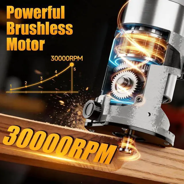 Alt view image 3 of 7 - Brushless Cordless Router for Woodworking, Compatible with Dewalt 20V Battery (Battery Not Included), 6-Speed, 30000-RPM Trim Router, Aluminum Base, 6-Pcs Trim Bits for Edge Trimming, Grooving