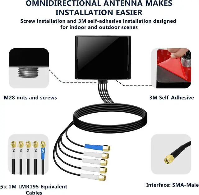 Alt view image 5 of 7 - Maswell Cellular Antenna 600MHz~8.0GHz 4X4 MIMO 5G GNSS 4G 3G LTE WiFi6E UWB Screw Mount omnidirectional Antenna SMA Male Waterproof Outdoor Antenna with Medium gain, (L)