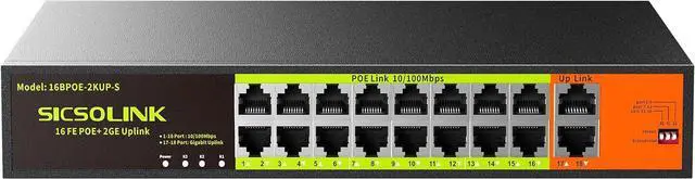 Main image of 16 Port PoE Switch with 2 Gigabit Uplink, 250W Rack Mount Ethernet Switch, IEEE 802.3af/at, 30W/Port, VLAN Mode, 250M Extended Distance, Unmanaged Network Switch for IP Cameras, WiFi APs, VoIP Phones