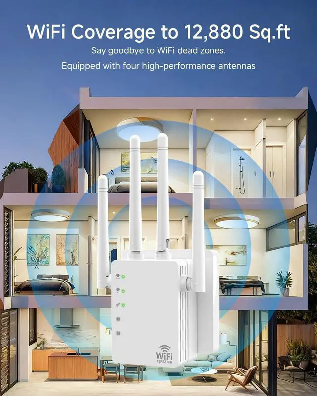 Alt view image 3 of 7 - Dual Band 5GHz/2.4GHz 1200Mbps WiFi Extender Signal Booster, 12880 Sq.Ft Coverage & 105-Device Support, WiFi Extender for Home & Outdoor