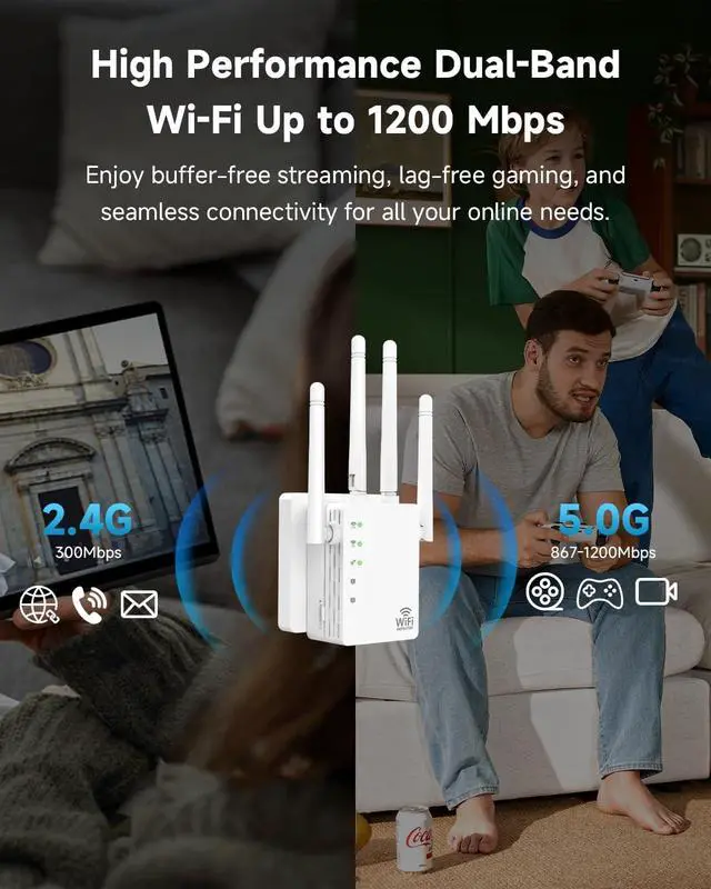 Alt view image 5 of 7 - Dual Band 5GHz/2.4GHz 1200Mbps WiFi Extender Signal Booster, 12880 Sq.Ft Coverage & 105-Device Support, WiFi Extender for Home & Outdoor