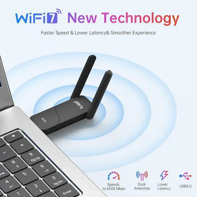 Alt view image 2 of 7 - USB WiFi Adapter for Desktop PC, BE6500 Tri-Band WiFi 7 Adapter with 2x6dBi High Gain Antennas, USB 3.0 WiFi Dongle Supports 2.4G/5G/6G, MLO, WPA3,4K-QAM,MU-MIMO, Compatible with Windows 11/10