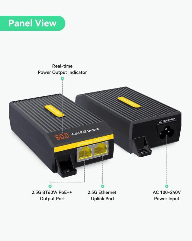 Alt view image 2 of 7 - LINOVISION 2.5G BT 60W PoE++ Injector with LED Screen to Indicate Power Output, Single Port IEEE 802.3bt PoE Injector for PTZ Cameras, PoE Lighting, WiFi 6 Access Points, 3-Year Warranty