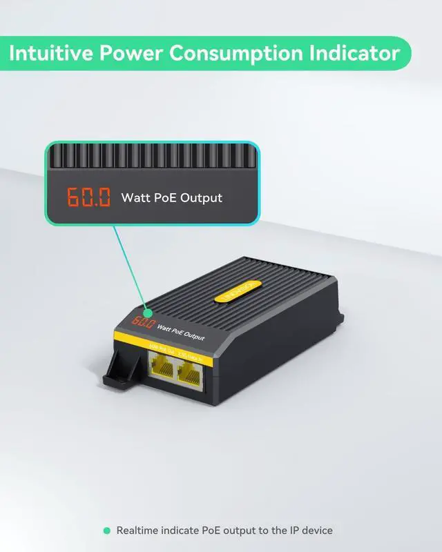 Alt view image 4 of 7 - LINOVISION 2.5G BT 60W PoE++ Injector with LED Screen to Indicate Power Output, Single Port IEEE 802.3bt PoE Injector for PTZ Cameras, PoE Lighting, WiFi 6 Access Points, 3-Year Warranty
