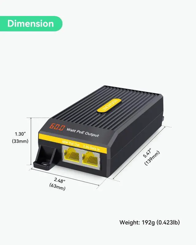 Alt view image 7 of 7 - LINOVISION 2.5G BT 60W PoE++ Injector with LED Screen to Indicate Power Output, Single Port IEEE 802.3bt PoE Injector for PTZ Cameras, PoE Lighting, WiFi 6 Access Points, 3-Year Warranty