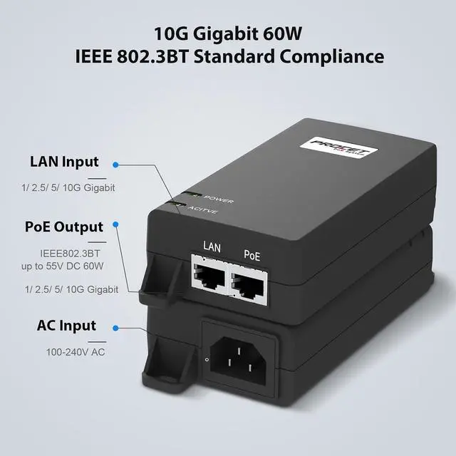 Alt view image 2 of 5 - PROCET PoE Injector 10 Gigabit 60W IEEE 802.3BT 10GbE