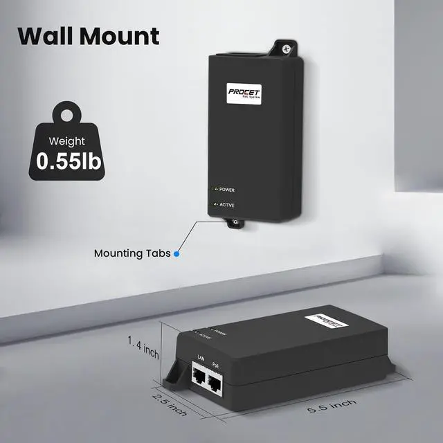 Alt view image 4 of 5 - PROCET PoE Injector 10 Gigabit 60W IEEE 802.3BT 10GbE