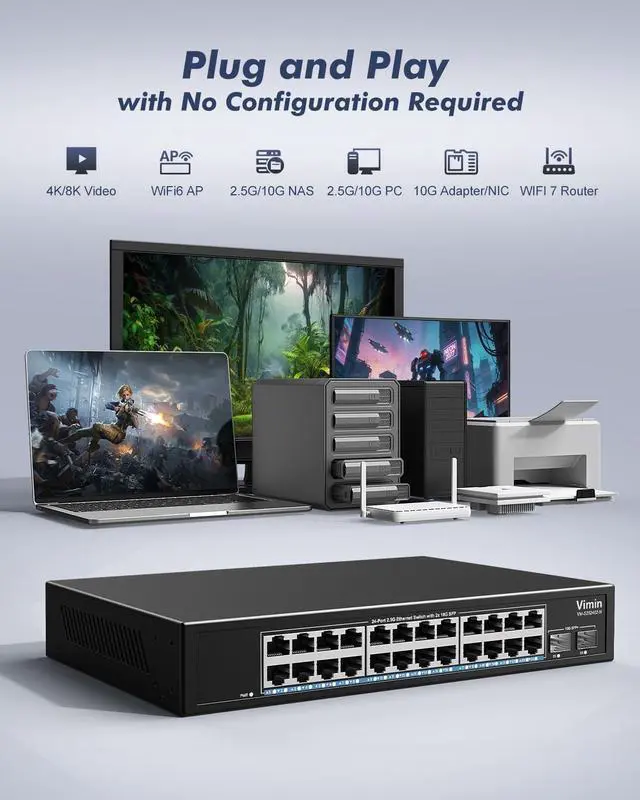 Alt view image 5 of 7 - 24-Port 2.5G Network Switch+2x10G SFP, 24x 2.5G Base-T Ethernet Unmanaged Switch, 24 Ports Switch Compatible with 10/100/1000/2500M, 160Gbps Switching Capacity, Fanless, 19-inch Rack Mount