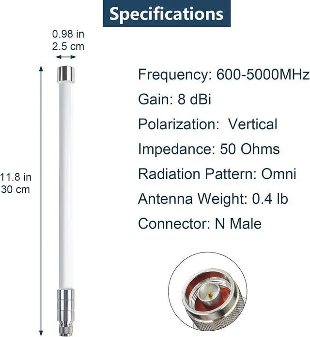 Alt view image 6 of 7 - 5G 4G LTE Wide-Band Fiberglass Antenna 600-5000MHz Outdoor Omni Long Range Aerial 8 dBi for Verizon AT&T Home Internet T-Mobile Cellular Networks Router Gateway
