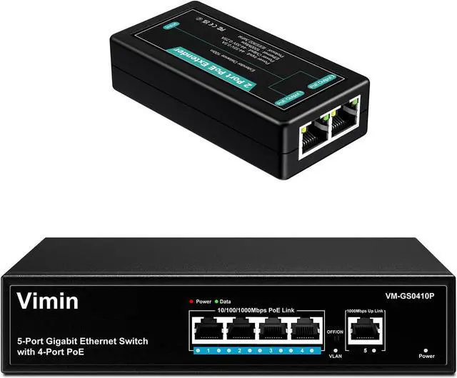 Main image of VIMIN 4 Port Gigabit PoE Switch with 2 Port PoE Extender, Black, RJ45, Supports IEEE802.3af/at, 72W, 1 Layer, 5Gbps, Compatible with Camera, Printer, Laptop, Plastic Case, Indoor Use, Plug and Play