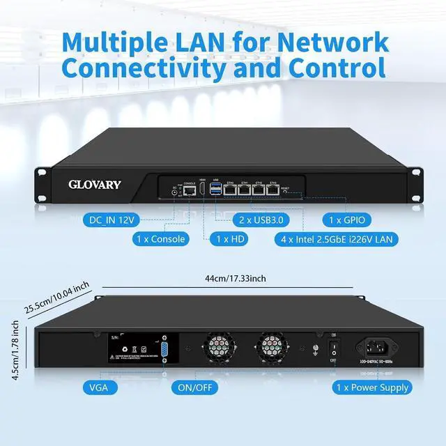 Alt view image 2 of 7 - 1U Firewall Rackmount N3160, 4 x i226V 2.5GbE LAN, 8GB RAM 128GB SSD, 19" OPNsense Router PC HD+VGA Dual Display, AES-NI, Rack Mount Hardware, 1 x SIM Slot, 2 x USB3.0, Console