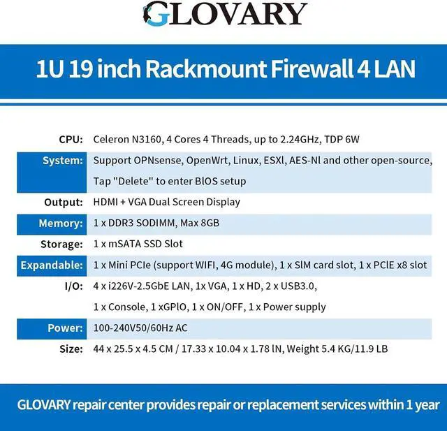 Alt view image 7 of 7 - 1U Firewall Rackmount N3160, 4 x i226V 2.5GbE LAN, 8GB RAM 128GB SSD, 19" OPNsense Router PC HD+VGA Dual Display, AES-NI, Rack Mount Hardware, 1 x SIM Slot, 2 x USB3.0, Console