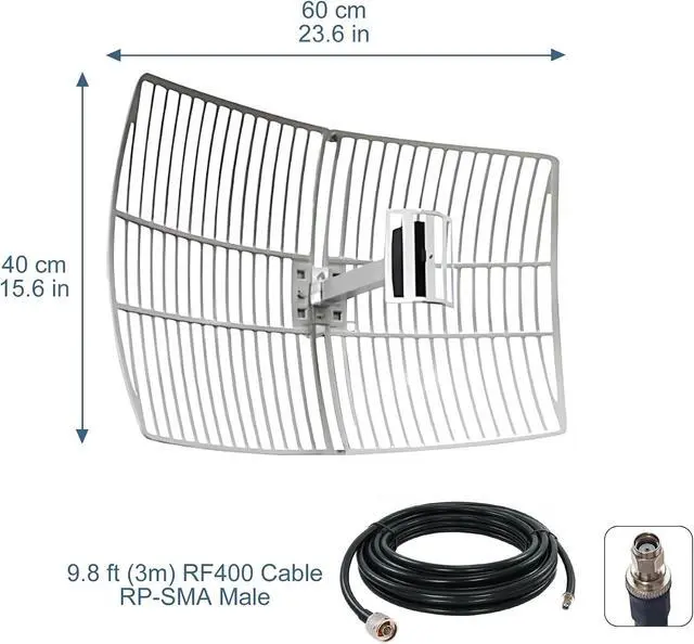 Alt view image 7 of 7 - 2.4GHz 20dBi High-Gain WiFi Outdoor Directional Grid Parabolic Antenna Dish (2400-2500 MHz) with 9.8ft RF400 Cable RP-SMA SMA Adaptor for Long Distance Signal Reception or Transmission