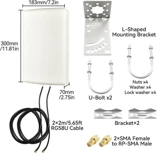 Alt view image 2 of 7 - 2x2 MIMO 10dBi High Gain Directional Panel Antenna 4G LTE/5G Antenna Outdoor 700-3800MHz for Routers, Modems, Gateways, Fixed Wireless Access SMA Male 6.56ft RG58U Cables+RP-SMA Male Adapter