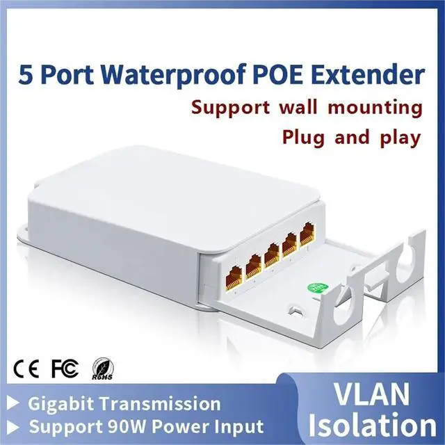 Alt view image 3 of 7 - Repeater POE 5 Port Rainproof POE Extender 4 Port Repeater 100/1000Mbps Outdoor Network VLAN 44-57V