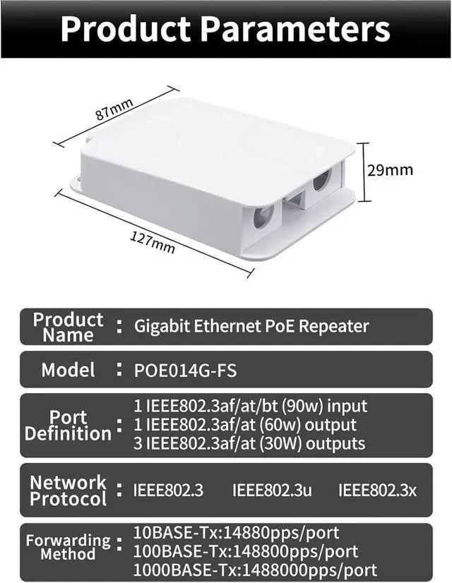 Alt view image 5 of 7 - Repeater POE 5 Port Rainproof POE Extender 4 Port Repeater 100/1000Mbps Outdoor Network VLAN 44-57V