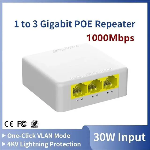 Alt view image 2 of 7 - Repeater POE 4 Port Gigabit POE Extender 1000M Network Switch Repeater IEEE802.3af/at Plug&Play
