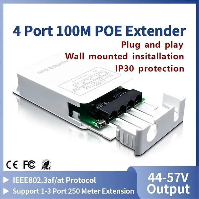 Alt view image 2 of 7 - Repeater POE 4 Port POE Extender 100M Outdoor Rainproof POE Repeater IP30 VLAN 44-57V 30W