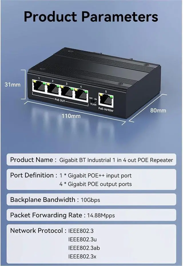 Alt view image 3 of 7 - Repeater POE Industrial 4 Port Gigabit POE Repeater Extender 1000Mbps Aluminum Alloy DIN Rail 90W Input
