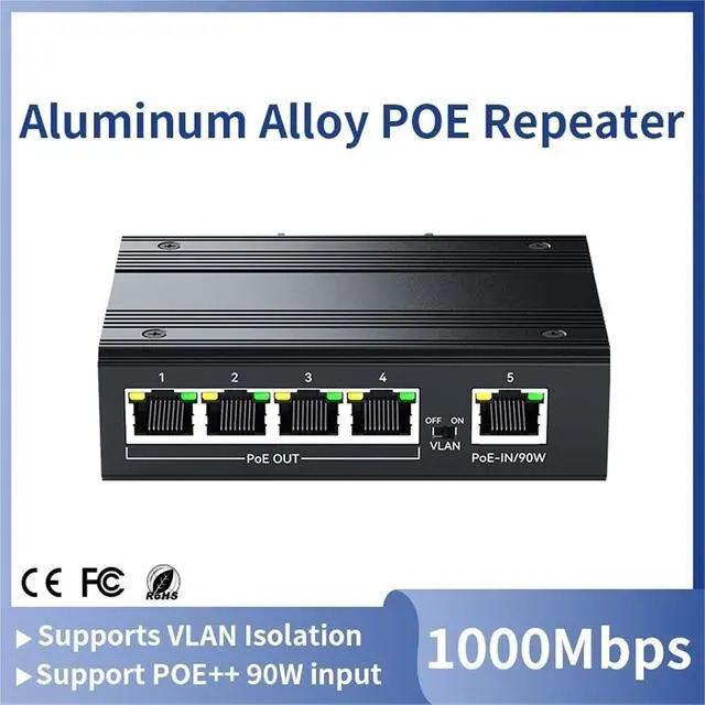 Alt view image 2 of 7 - Repeater POE Industrial 4 Port Gigabit POE Repeater Extender 1000Mbps Aluminum Alloy DIN Rail 90W Input