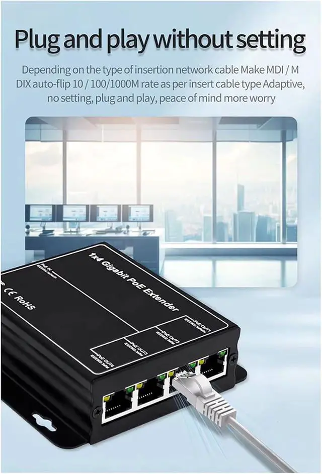Alt view image 6 of 7 - 2X 4 Port Gigabit POE Extender 100/1000Mbps 90W 1in 4 Out PoE Repeater DIN Rail Network VLAN for 48V POE
