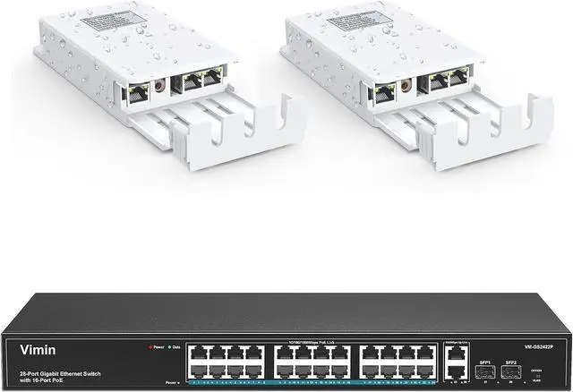Main image of 24 Port Gigabit PoE Switch with 2X 2 Port Gigabit Outdoor PoE Extender, IP65 Waterproof. Support IEEE802.3af/at, Extend Additional 100m Transmission, Mini Size, Plug and Play
