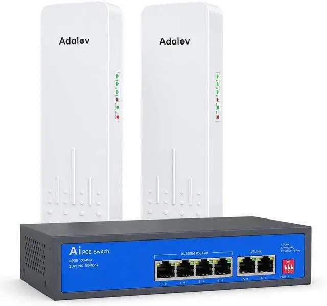 Main image of 3KM 5.8GHz Wireless Bridge with 6-Port PoE Switch, Point to Point Outdoor CPE WiFi Bridge Kit, 14dBi Long Range Network Extender for Starlink, CCTV Cameras, Barn, Garage, Shop, Warehouse