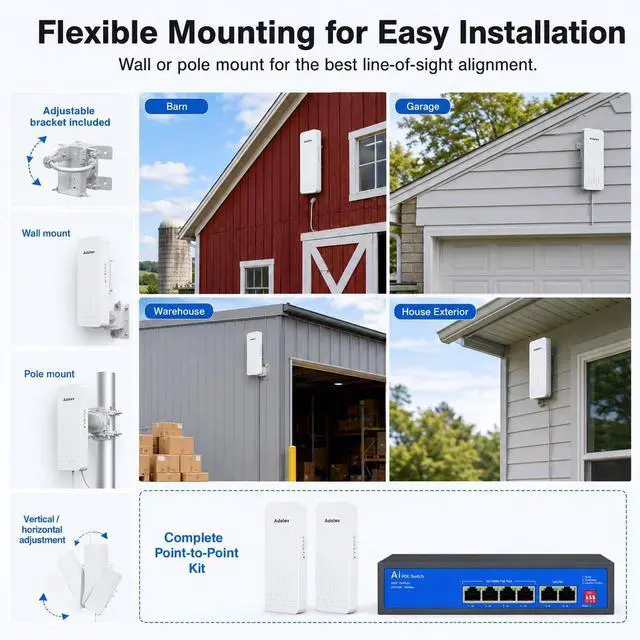 Alt view image 4 of 6 - 3KM 5.8GHz Wireless Bridge with 6-Port PoE Switch, Point to Point Outdoor CPE WiFi Bridge Kit, 14dBi Long Range Network Extender for Starlink, CCTV Cameras, Barn, Garage, Shop, Warehouse