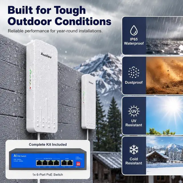Alt view image 2 of 6 - 3KM 5.8GHz Wireless Bridge with 6-Port PoE Switch, Point to Point Outdoor CPE WiFi Bridge Kit, 14dBi Long Range Network Extender for Starlink, CCTV Cameras, Barn, Garage, Shop, Warehouse