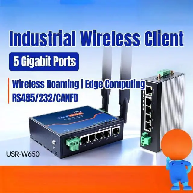 Alt view image 2 of 6 - USR-W650 Industrial Wireless Client High-Speed Networking 5 Gigabit Ethernet Ports WiFi Roaming, Edge Computing, CAN FD Gateway