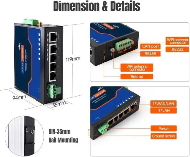 Alt view image 6 of 6 - USR-W650 Industrial Wireless Client High-Speed Networking 5 Gigabit Ethernet Ports WiFi Roaming, Edge Computing, CAN FD Gateway