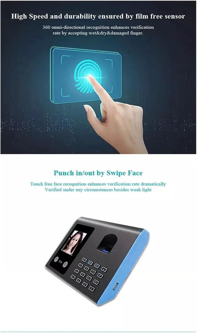 Alt view image 4 of 6 - Time Clock, Biometric Fingerprint Time Clock Face Recognition Attendance Machine TFT LCD Display USB Electric Attendance System for Small Business and Office