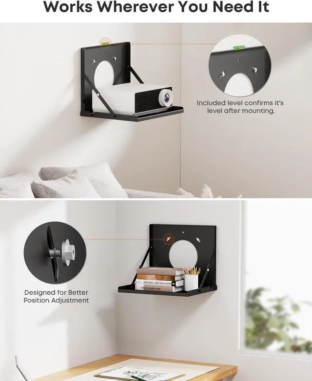 Alt view image 5 of 7 - Flip Down Projector Wall Mount, Space Saving Foldable Shelf,Holds 22lbs