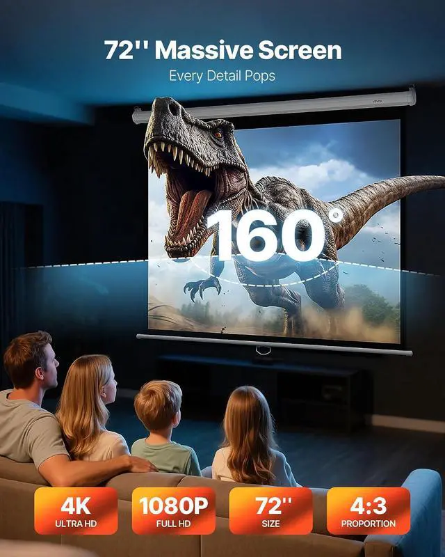 Alt view image 2 of 7 - VEVOR Manual Projector Screen, 72 inch 4:3 4K 1080 HD Retractable Pull Down Projector Screen, Wall Mounted Movie Projection with Pull Rope, Portable Display Projectoin for Family Home Office Theater