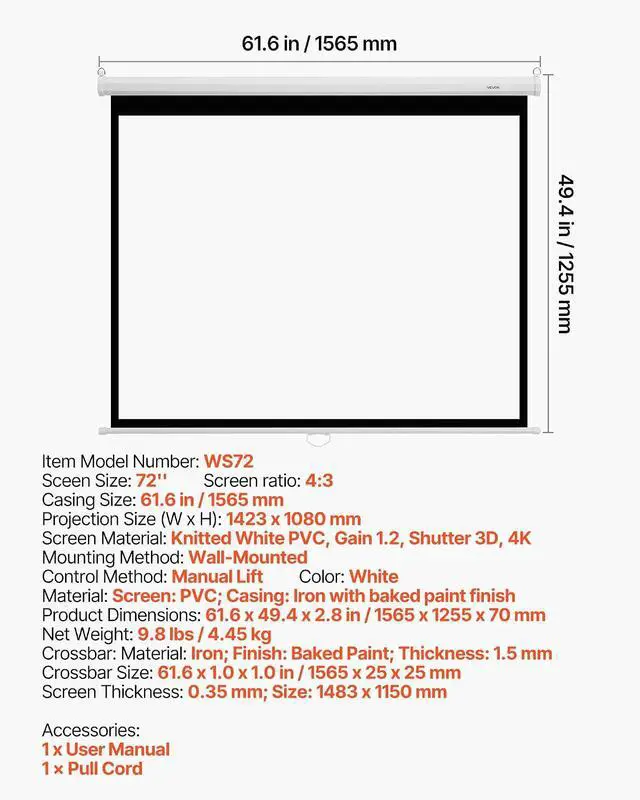 Alt view image 7 of 7 - VEVOR Manual Projector Screen, 72 inch 4:3 4K 1080 HD Retractable Pull Down Projector Screen, Wall Mounted Movie Projection with Pull Rope, Portable Display Projectoin for Family Home Office Theater