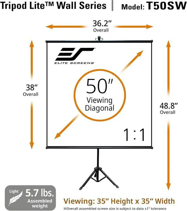 Alt view image 5 of 7 - Elite Screens Tripod Lite Wall Series, 2in1 Portable Projector Screen Dual Tripod Stand/Wall Mount Indoor/Outdoor 50-INCH, 1:1 w/Carrying Bag, US Based Company 2-Year Warranty - T50SW, Black
