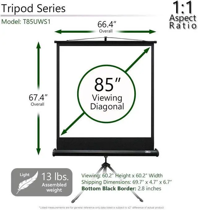 Alt view image 7 of 7 - Elite Screens Tripod, 85-Inch 1:1 Portable Projector Screen with Stand MaxWhite 2, 1.1 Gain, Adjustable Indoor Outdoor Pull Up Projection Screen for Home Theater, Office & Classroom, T85UWS1, Black