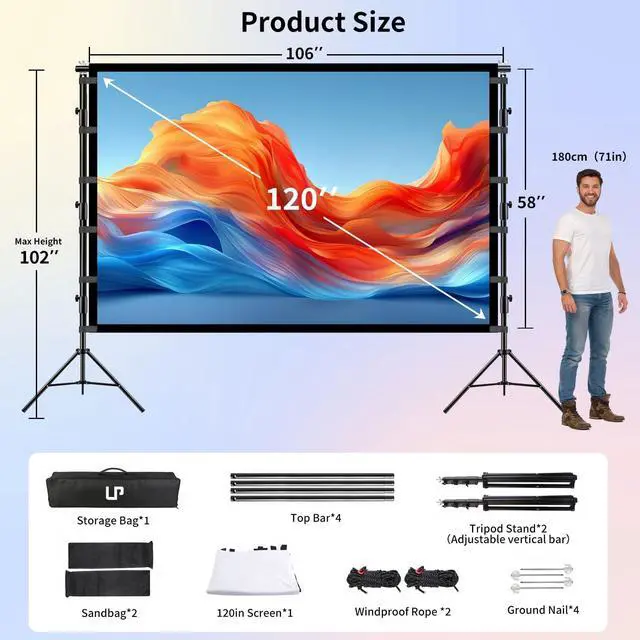 Alt view image 2 of 7 - LP Outdoor Projector Screen with Stand, 120 inch Portable Projection Screen 16:9 4K HD Front Rear Projection Screen with Carry Bag, Sandbag - Wrinkle-Free Design for Home Theater Backyard Cinema