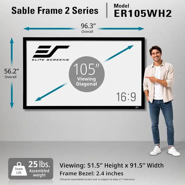 Alt view image 6 of 7 - Elite Screens Sable Frame 2, 105-Inch Fixed Frame Projector Screen, 16:9 8K/4K Ultra HD & Active 3D Ready, ISF-Certified Material, Ideal for Home Theater, Office, and Indoor Presentations, ER105WH2
