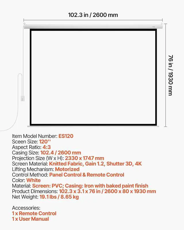 Alt view image 7 of 7 - VEVOR Motorized Projector Screen, 120 inch 4:3 1080 HD Electric Projector Screen, Wall Mounted Projection Dispaly Projector with Remote Control, Automatic Movie Screen for Family Home Office Theater