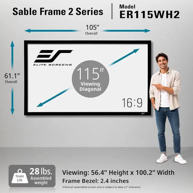 Alt view image 3 of 7 - Elite Screens Sable Fixed Frame 2 115" Projector Screen, 16:9 4K/8K UHD, ISF Certified CineWhite UHD-B 1.3 Gain, HDR & Active 3D Ready, Velvet Frame, Standard/Short/UST Projector Compatible ER115WH2