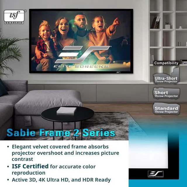Alt view image 4 of 7 - Elite Screens Sable Fixed Frame 2 115" Projector Screen, 16:9 4K/8K UHD, ISF Certified CineWhite UHD-B 1.3 Gain, HDR & Active 3D Ready, Velvet Frame, Standard/Short/UST Projector Compatible ER115WH2