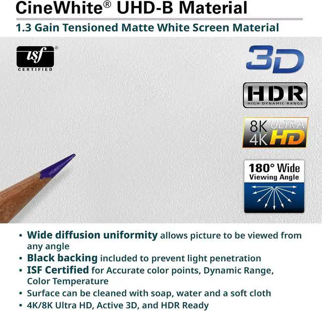 Alt view image 5 of 7 - Elite Screens Sable Fixed Frame 2 115" Projector Screen, 16:9 4K/8K UHD, ISF Certified CineWhite UHD-B 1.3 Gain, HDR & Active 3D Ready, Velvet Frame, Standard/Short/UST Projector Compatible ER115WH2