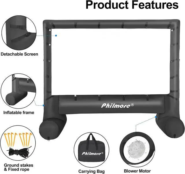Alt view image 3 of 4 - Philmore PSI-114 Outdoor Inflatable Projector Screen - 14' Auto-Inflate Cinema Screen with Blower Motor, Ground Stakes, Fixed Rope & Carrying Bag - Ideal for Backyard, Events, and Entertainment