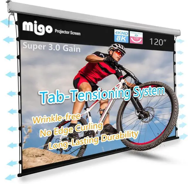 Main image of Migo 120 inch Pull Down Projector Screen, Soft White Super 3.0 Gain 16:9 4K Ultra HD Tab-Tensioned Ceiling Mount Projector Screen for Long Throw or Short Throw Projector Movie Home Theater Cinema
