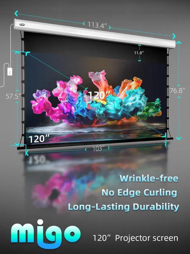 Alt view image 2 of 7 - Migo 120 inch Pull Down Projector Screen, Soft White Super 3.0 Gain 16:9 4K Ultra HD Tab-Tensioned Ceiling Mount Projector Screen for Long Throw or Short Throw Projector Movie Home Theater Cinema